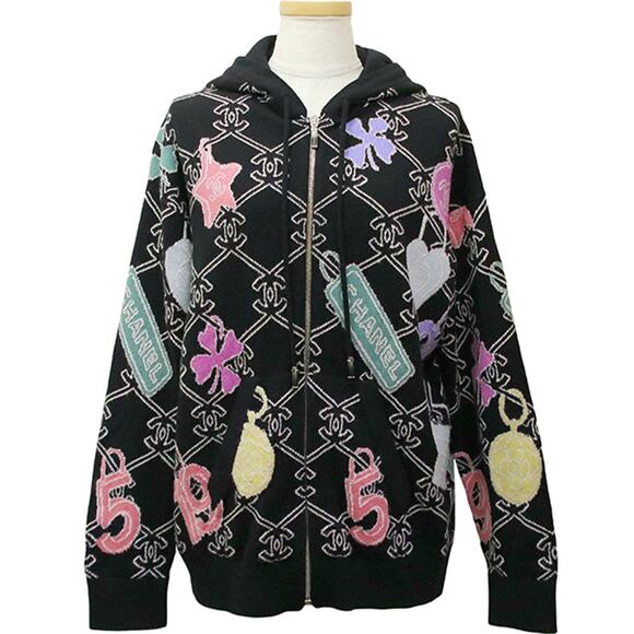 Authentic CHANEL Cashmere Zipper Zip-Up Hoodie Sweater Jacket Black Multicolor - Picture 1 of 13